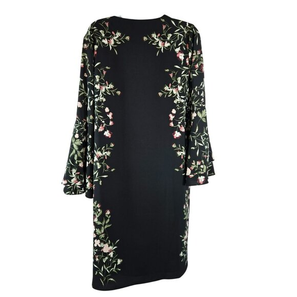 Alfani Floral Feminine Romantic Elegant Shift Dress Sz 8 Black Bell-Sleeve EUC - Picture 5 of 9